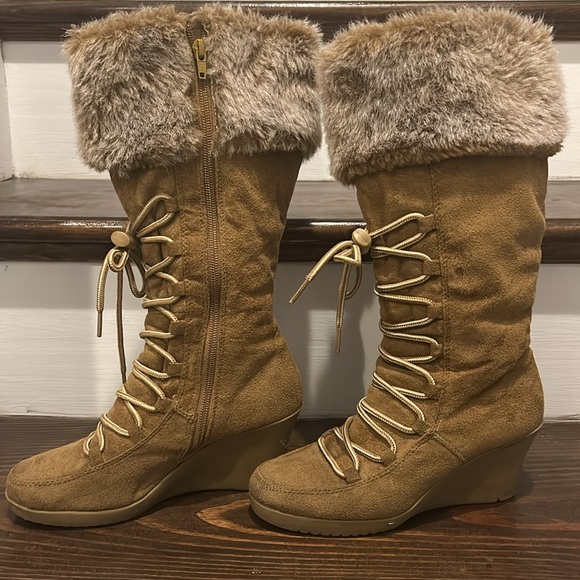 RAMPAGE Tan Faux Fur Wedge Lace Up Mid Calf Boots - Picture 2 of 7